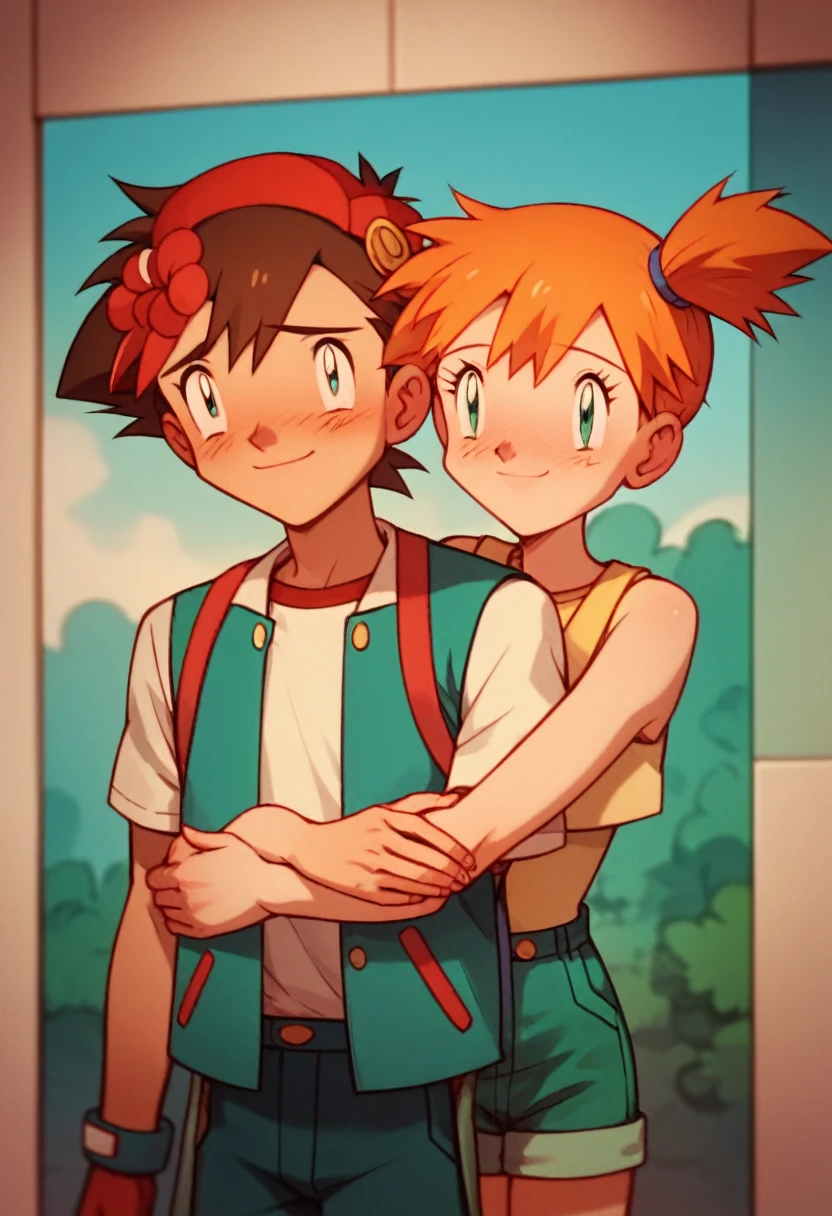 Misty, the Pokémon trainer,  extremely embarrassed with cute blush as Ash Ketchum approaches her closely admiring her beauty, cute, tender, funny moment . Emotional, intimate, romantic atmosphere fills the air, Ash ketchum is smiling with confidence, 90s anime style. 