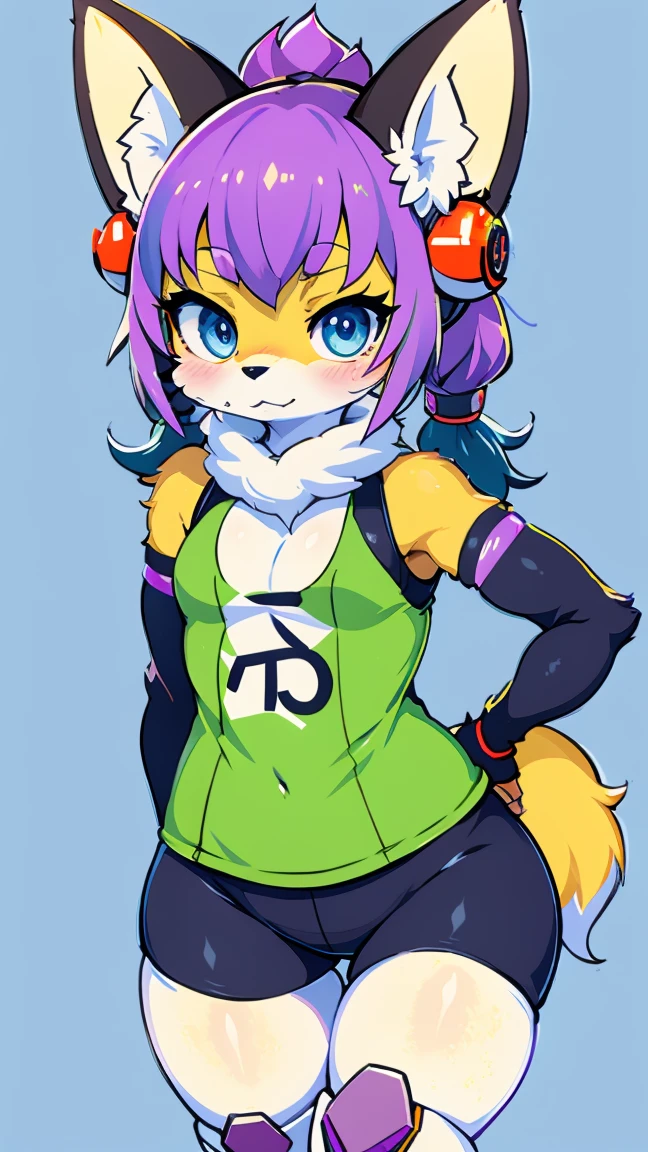 Kawaii, Chibi, cute fox, cyberpunk, (Japanese, samurai, Capoeira, Brazilian) | Purple hair and green highlights | blue eyes,  heterochromia | With a fluffy syrup  | (((white background))) | Gym clothing with leggings  |  synthetic fabric skin ,  cybernetic prosthesis ,  cyber prosthetic servo legs | Female and athletic body ratio |  Funny and embarrassed personality |  Typed on a notebook  |  | Gender Shounen , Shoujo, his,  Mecha, Ecchi, yokai, isekai, Slice of Life,  Iyashikei and Idol  |  Additional manga references ,  Manhuas and Manhwas 