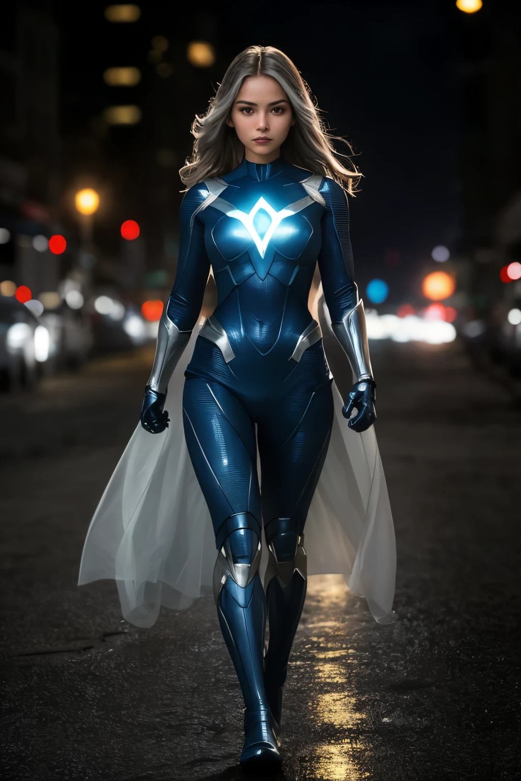 highest quality、8k Masterpiece、超A high resolution、(Photorealistic:1.3)、RAW Photos、1 girl、Silvery white hair、Glowing Skin、Super beautiful cyberpunk soldier、((Ultra-Realistic Details))、Portrait、Global Illumination、Shadow、Octane Rendering、8k、Super sharp、Beautiful breasts、Metal、Cold colors、、Very intricate details、Realistic Light、CGSoation Trend、Beautiful Eyes、Shining Eyes、To the camera、Neon Details、wearing futuristic combat uniforms、Standing on the rooftop of a futuristic city、Long hair swaying in the wind、Futuristic Boots、Armor、whole body、wide shot、full body、A breathtakingly beautiful woman、Healthy Body、Long Cape