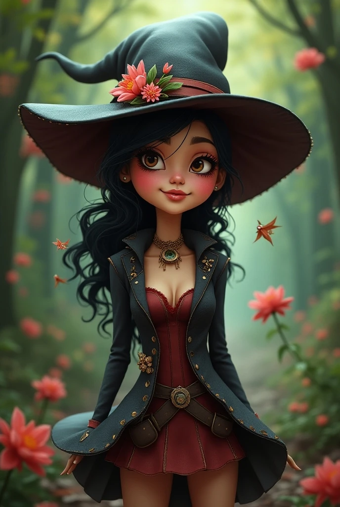 a modern witch in 1930s cartoon caricature style, rubber hose style, beautiful detailed eyes, beautiful detailed lips, extremely detailed face, long eyelashes, intricate detailed dress, rubber hose limbs,  dynamic pose, (best quality,4k,8k,highres,masterpiece:1.2),ultra-detailed,(realistic,photorealistic,photo-realistic:1.37),vivid colors,professional painting