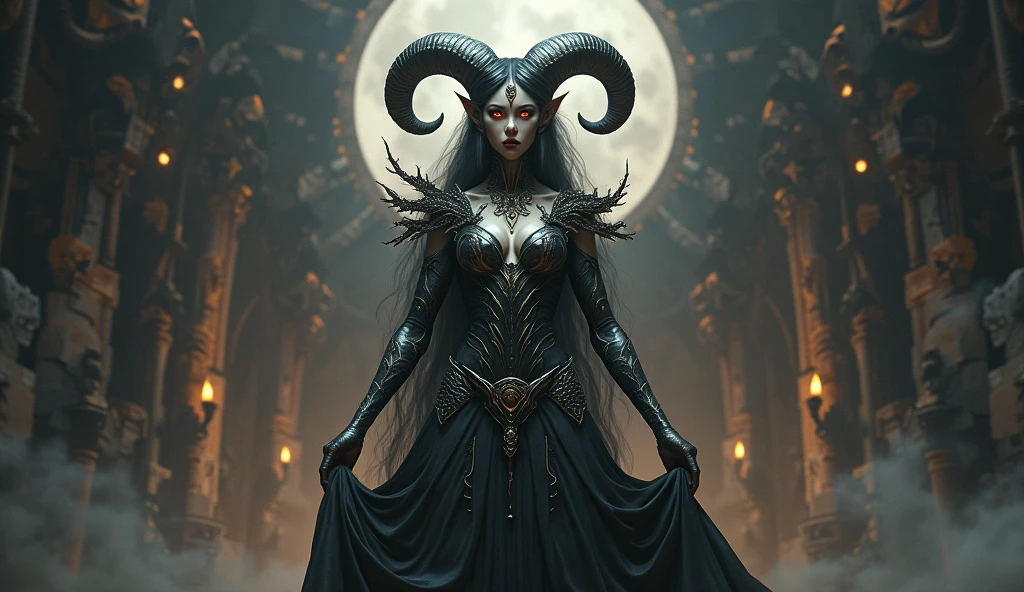 Real、 Looks real、 devil、A long horn grows from its forehead、 A beautiful blonde-haired, blue-eyed woman in her twenties、 Wearing a black blue dress、Full Body、Smile eerily、8K