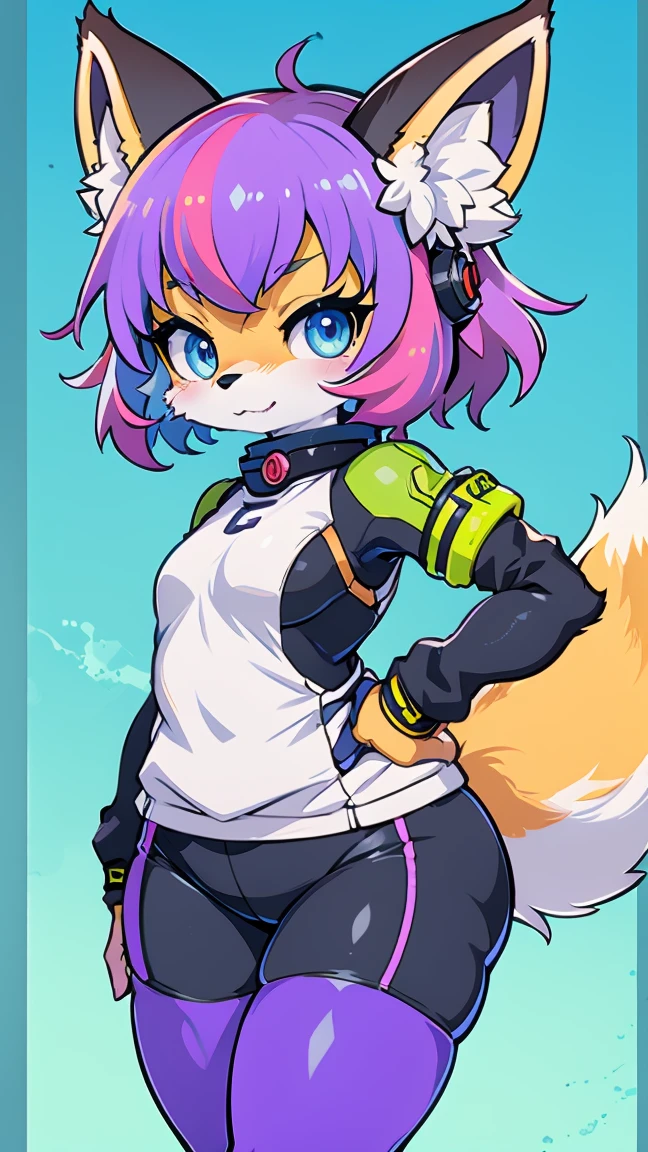 Kawaii, Chibi, cute fox, cyberpunk | Purple hair and green highlights | blue eyes,  heterochromia | With a fluffy syrup  | (((white background))) | Gym clothing with leggings  |  synthetic fabric skin ,  cybernetic prosthesis ,  cyber prosthetic servo legs | Female and athletic body ratio |  Funny and embarrassed personality |  Typed on a notebook  |  | Gender Shounen , Shoujo, his,  Mecha, Ecchi, yokai, isekai, Slice of Life,  Iyashikei and Idol  |  Additional manga references ,  Manhuas and Manhwas 