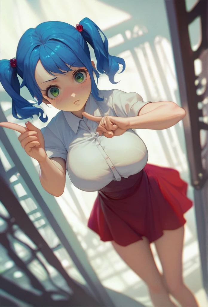 score_9, score_8_up, score_7_up, source_anime, best quality, clear face,shool Nami-girl, blue hair, green eyes, medium hair, large breasts, perfect body, standing, looking at viewer,embrassed cute scared ,watered eyes, china d, dynamic angle, indoor, w,blushing,embrassed,big boob,bend over, mini panties,mini red skirt,plain white shirt,pointing with hand,kyah,cute,Short Twintails, 