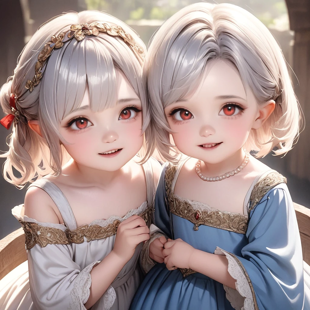 2 little girls, with short hair, one white and the other black, elf ear, hugging each other