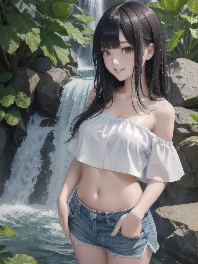 Beautiful Japanese girl playing waterfall wearing off-the-shoulder sleeveless blouse, white crop top, shorts, no underwear, clothes soaked to look through, small breasts, high definition,  Masterpiece ,  Anatomically Correct, My hair is shaking, My hair is wet., fun /  happy , Bright eyes, 