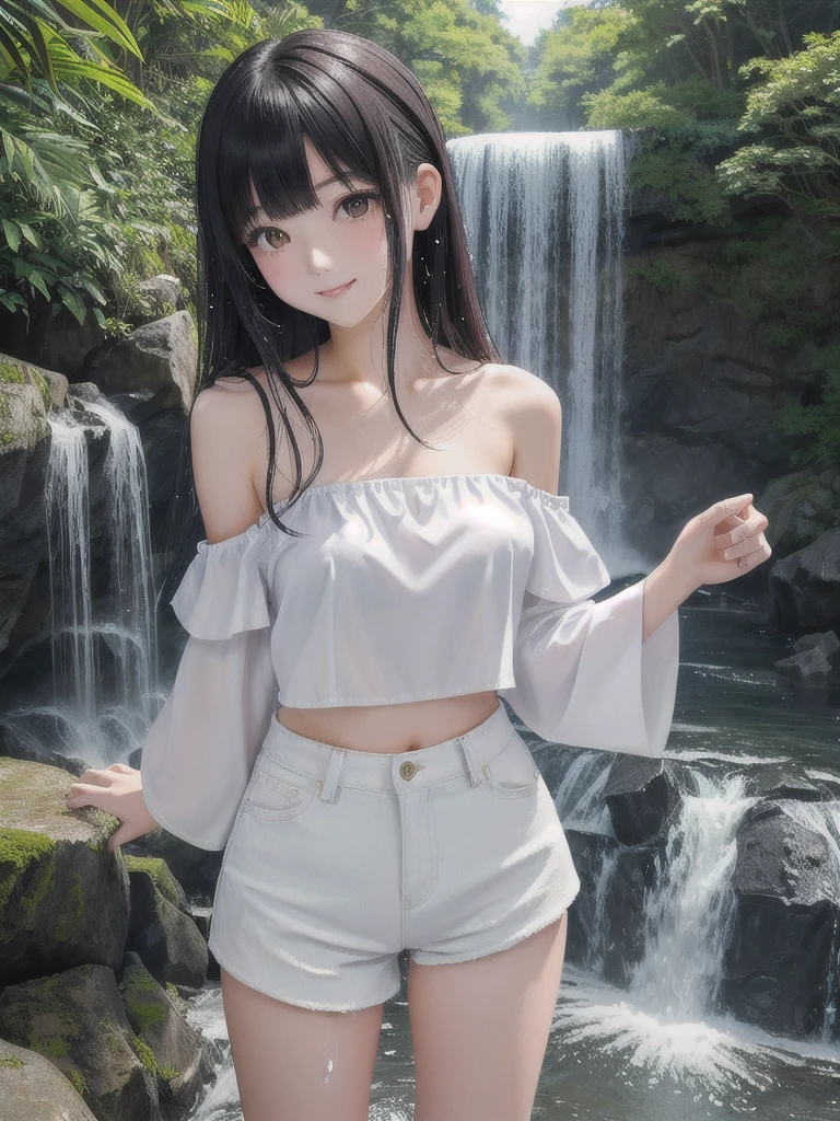 Beautiful Japanese girl playing waterfall wearing off-the-shoulder sleeveless blouse, white crop top, shorts, no underwear, clothes soaked to look through, small breasts, high definition,  Masterpiece ,  Anatomically Correct, My hair is shaking, My hair is wet., fun /  happy , Bright eyes, 