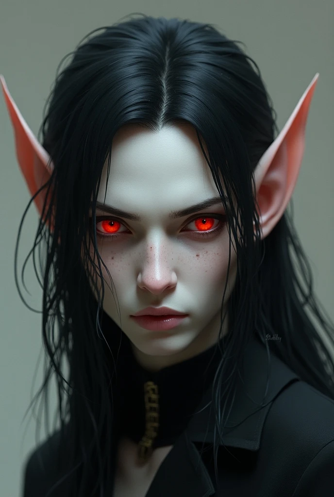 1girl, black hair, gloves, heterochromia, looking at viewer, lying, pointy ears, portrait, ravenna solo <lora:Ravenna_ponyXL:1>