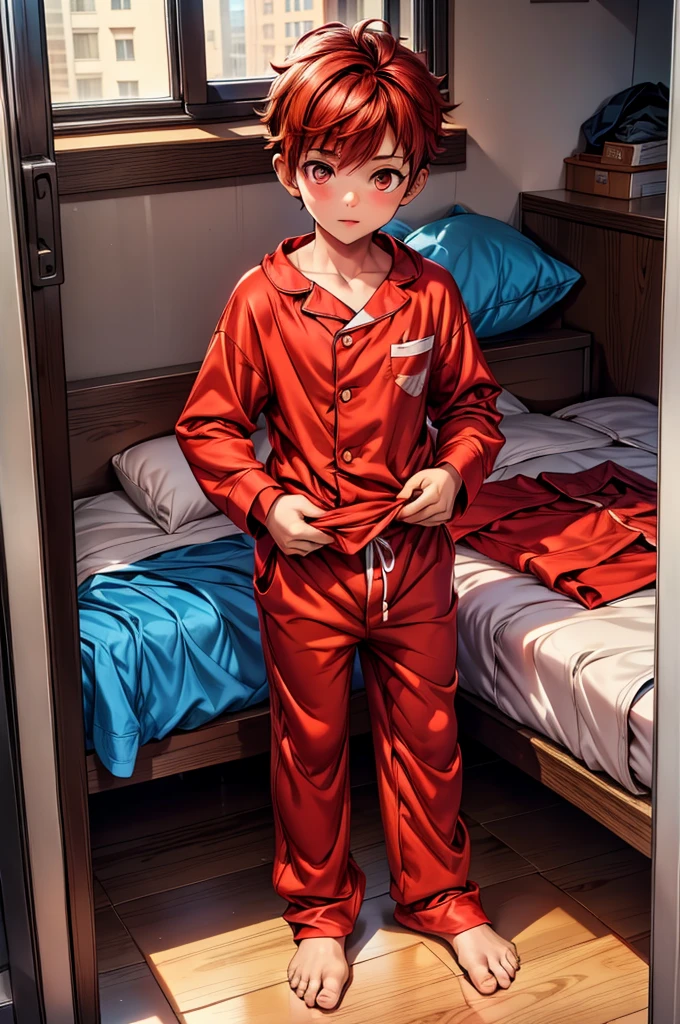  a boy standing in bed with short pajamas tight around his body, brown skin red hair and brown eyes .