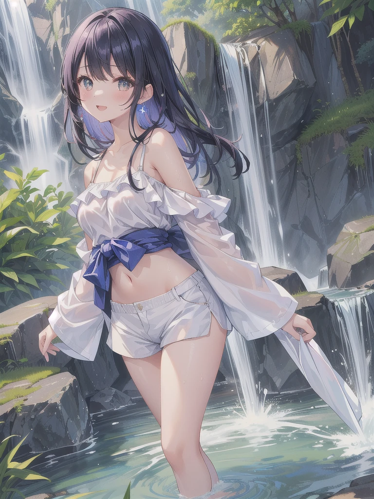 nsfw,Viewer Caution,suzune horikita,waterfall,Pool,,forest,Show the whole body,from below,stand,White bra,See-through underwear,Wet underwear,White panties,Hair Ribbon,(pussy cameltoe:1.0),Beautiful legs,Medium chest,Sweat,