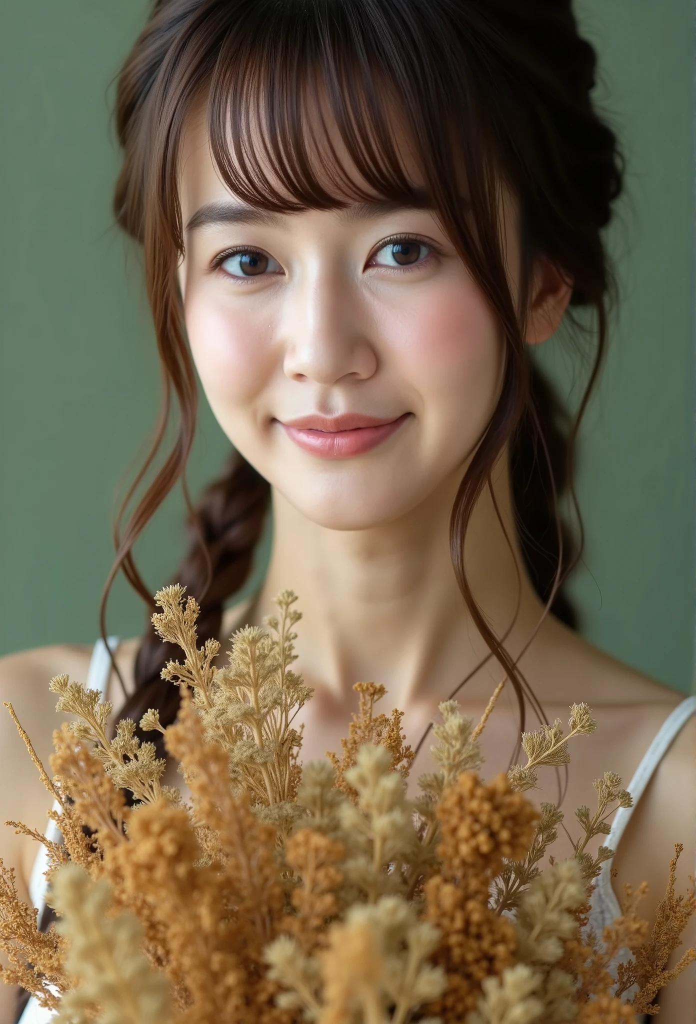 A close-up portrait of a young East Asian slender woman with long, braided hair and swept bang.She is holding a large bouquet of wildflowers with earthy tones. The background is a soft, muted green, creating a natural and calm atmosphere. The lighting is soft, enhancing the delicate details of her skin and flowers, giving a serene and timeless feel to the image. She is slightly smiling.