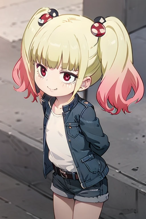 body, urea,  1 girl, Alone,  white shirt, tie,  jacket, Long Hair, Blonde,  multicolor hair, Red eyes, eyelash,  Twin Tail,  hair accessory, Looking at the viewer, ,  cross your arms behind your back, smile, Simple Background,  gray background ,  Leaning Forward , Small breasts, short  Twin Tail, belt, denim shorts, denim, Roll up shorts