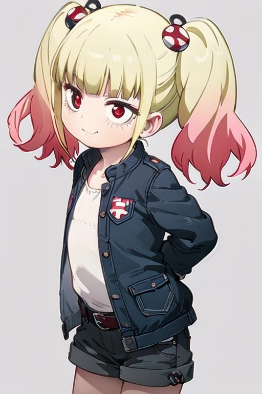 body, urea,  1 girl, Alone,  white shirt, tie,  jacket, Long Hair, Blonde,  multicolor hair, Red eyes, eyelash,  Twin Tail,  hair accessory, Looking at the viewer, ,  cross your arms behind your back, smile, Simple Background,  gray background ,  Leaning Forward , Small breasts, short  Twin Tail, belt, denim shorts, denim, Roll up shorts