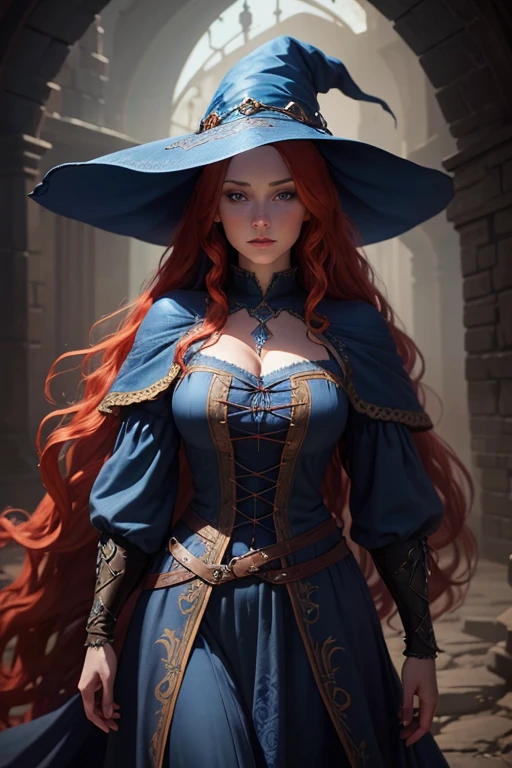 beautiful female witch woman, adult, Crimson Hair, glowing blue eyes, high detailed, 8k, forest background, smile, unreal engine