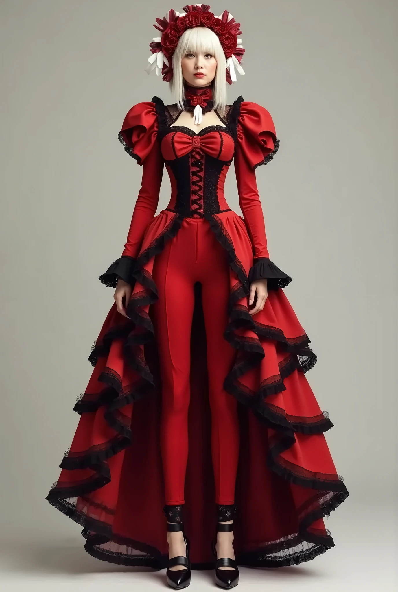 high quality fingers, normal hands, detailed fingers, masterpiece, (realistic, photo-realistic:1.37), (full body:1.5), High-end editorial-style photoshoot highlighting the beauty of a woman with blonde hair and bright blue eyes, dressed in a chic red and black corset, thin waist, seductive smile, large tits, perfect body, perfect face, (full body:1.5), set within the refined atmosphere of a Victorian ballroom. Stylish, elaborate jewelry made with expensive gems.