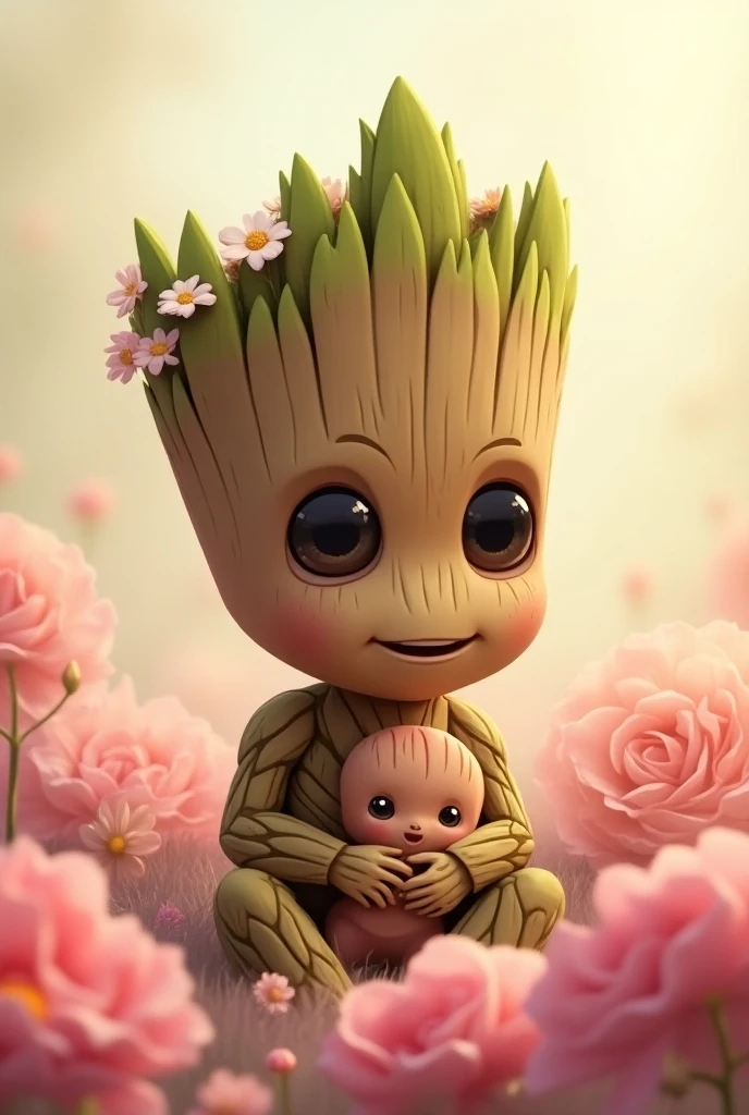 a craion draw of a beautiful girl and groot , on a blank page