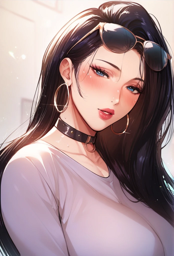 Amazing portrait of a sexy and cute woman with a beautiful face with black brown long straight hair and weak eyes while blushing intensely and her lips are parted being ready to kiss wearing a long oversized white shirt