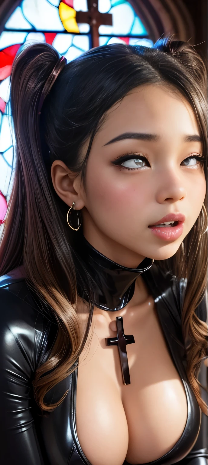 (Ahegao:1.6), Portrait, (close up shot), (cross-eyed:1.6), (rolling eyes:1.6), (open mouth:1.2), (blushing:1.4), Masterpiece, high quality, high resolution, volumetric lighting, subsurface scattering, 8k, Beautiful woman, (emphasis on her breasts), (dark skin:1.2), phillipino, college student, (latex-suit), (long-sleeve), ((cleavage)), curly pigtails, hoop earings, catherdral, stained-glass-windows, sexy pose, seductive pose