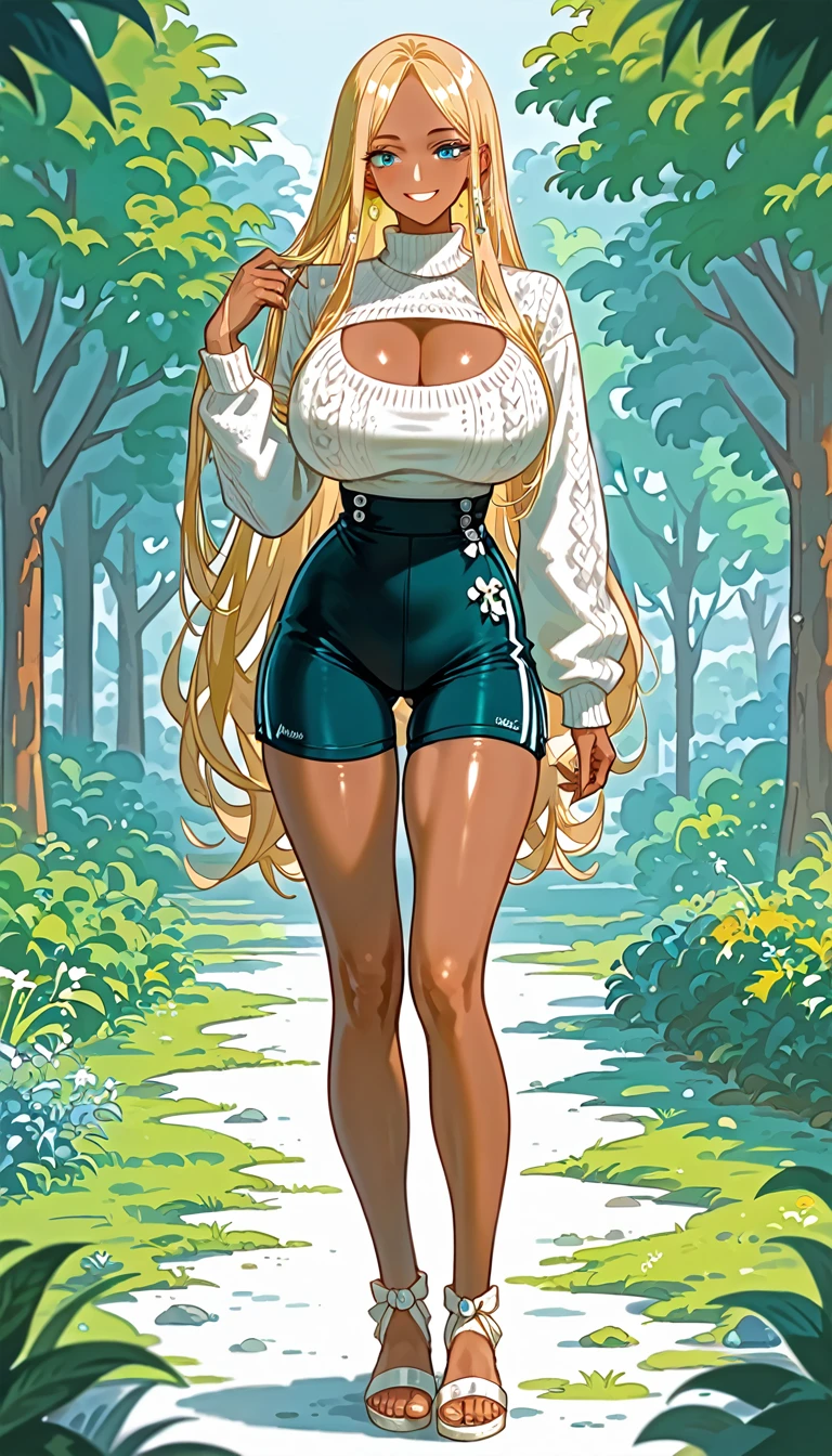 Tall slender woman(Blue Eyes,Blonde Hair(Straight straight hair( straight long hair hairstyle with hair hooked to the ear, centred bangs))、clothing(White Sweater(I can see her cleavage),Black shorts,White sandals,)、background(Lush green park,Sit in front of the audience)、(((Super detailed.tallのスレンダーな肉体,Very tight waist, tight waist ,belly button,Tall and toned,Slender and muscular body,Smiling Face,Muscular model body,,((tall:1.5)),Huge breasts(Beautiful and well-shaped,Curvaceous bust shape,Ample cleavage),Long legs,(Dark skin tone((Dark Skin:1.5))),Best Quality:1.5, highest resolution :1.5,Highest quality:1.5,)))、((Highest quality,Best Quality, highest resolution ,Extremely detailed drawings, Perfect Anatomy,Delicate and beautiful graphics, highest resolution のCGデジタルアート,Drawing precise details,Delicate and dynamic line drawings,Intricate and precise details,Accurate facial drawing,Accurate eye drawing,Accurate five fingers,Accurate human ear, face,Front View.Viewer&#39;s perspective))
