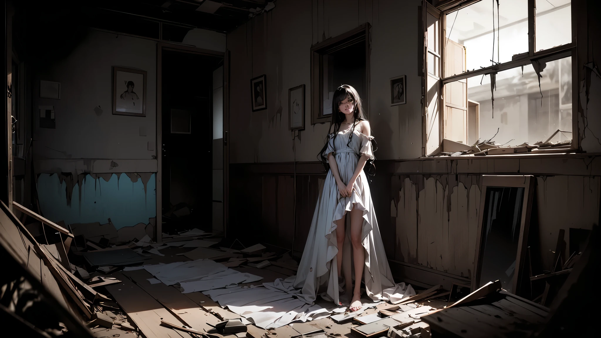 A lone young woman, around 20 years old, stands in an abandoned, decaying room. Her pale skin contrasts with her long, dark hair that flows messily around her face. She wears a tattered white dress, slightly dirty, hinting at past horrors. Her wide, terrified eyes reflect the dim glow of a single flickering light bulb above her. The air is heavy with dust and decay, with broken furniture and eerie shadows creeping along the walls. Her posture is tense, as if she's sensing something lurking in the darkness. The entire scene is captured with cinematic lighting, creating a chilling, suspenseful atmosphere.
