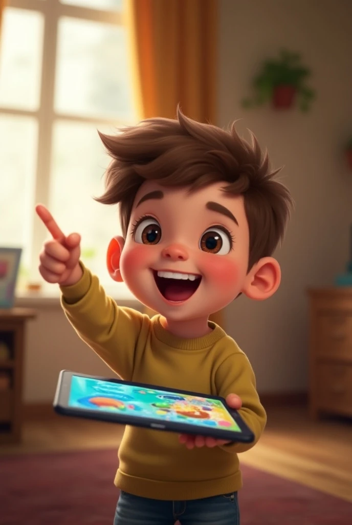Little boy up close, saying "Happy with family game nights.
", Pixar style, 3D style, Disney style, 8k, cute