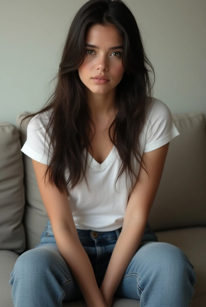 A Indian teen girl medium hair medium breast sitting on sofa realistic