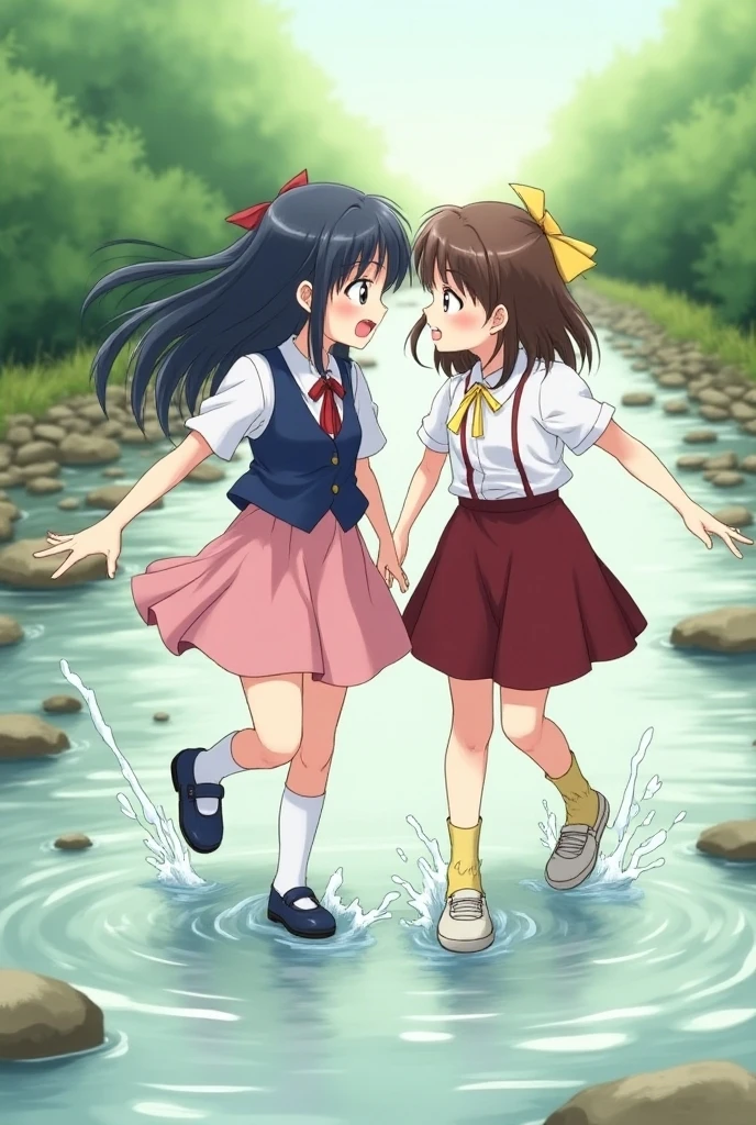(masterpiece:1.2, best quality), (highly detailed:1.3), 2girls, , (white panties), upskirt, school uniform, wet, bathe in a forest lake, laugh, fun, summer,