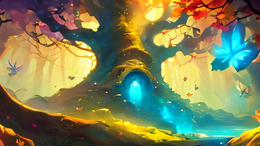 perfect，HD，HD，Vision，super wide angle，Alien Planet，night，amazing，Ori and the Dark Forest, Hollow Knight concept art，Purple blue mysterious light：1.2，Millennium Sacred Tree，mysterious，light particles