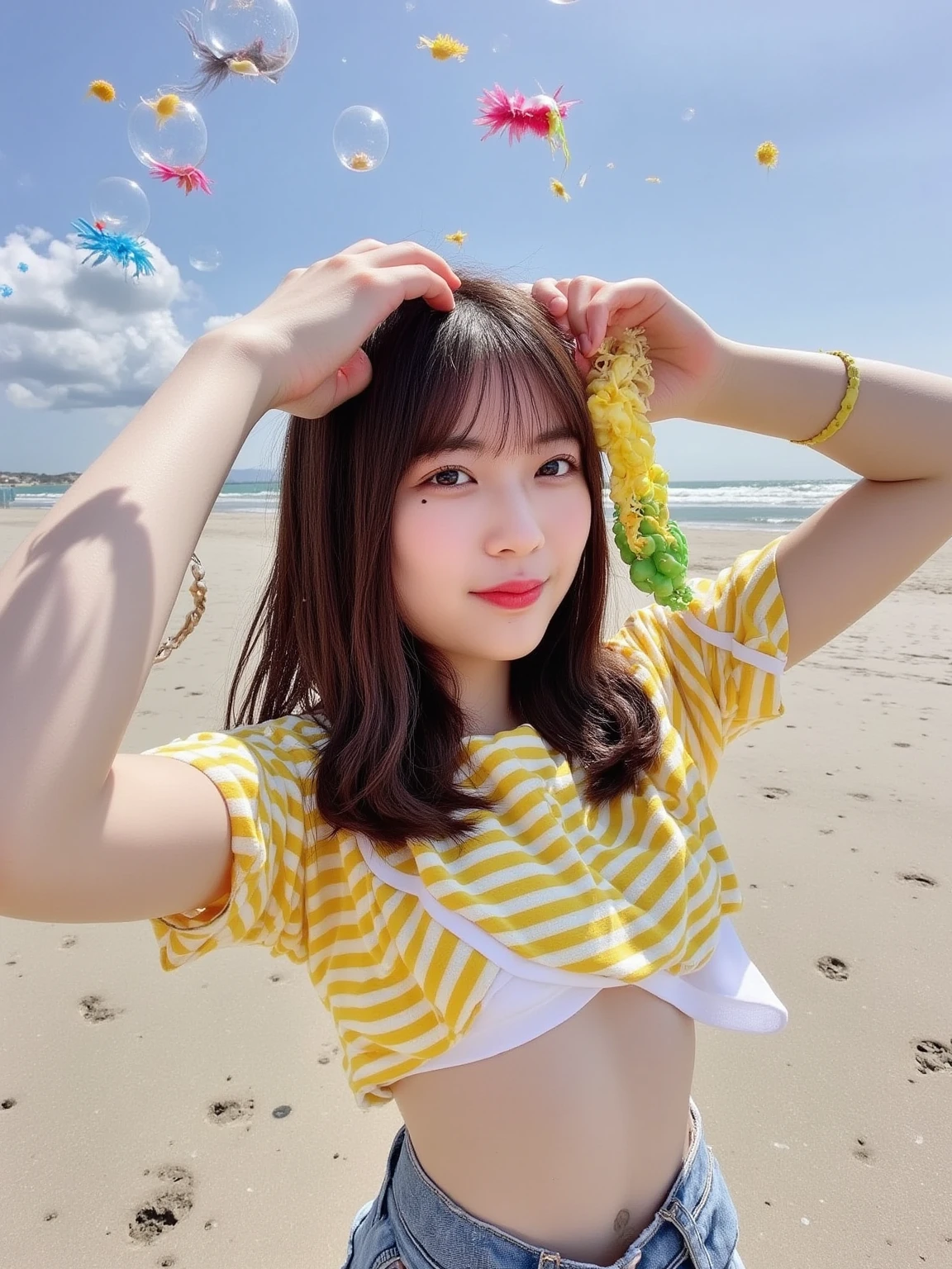 Create an illustration on the beach where Pikachu, with proportions similar to those of a human being, is exchanging a little stamp with a beautiful girl. All around, some girls are showing jealousy towards her. Make sure the main focus is on Pikachu and the girl, avoiding any interference that might divert attention. The scenery should portray a charming beach, with details such as white sand, calm sea and coconut trees in the background. Highlight the feeling of relaxation and fun with colorful umbrellas and typical elements of a beach. Remember that Pikachu is the only one of its kind present on the beach, and there are no other Pikachu, not even in toy form. Ensure that the illustration reflects this rule, reinforcing that Pikachu is unique and special in this context. Keep the beach atmosphere consistent by avoiding elements that might distract from the main scene. There should be no additional elements or characters that are not related to the interaction between Pikachu, the girl, and the jealous girls. Use parentheses to highlight relevant information and ensure that the prompt is followed according to the mentioned restrictions. Create an engaging and romantic illustration, depicting Pikachu and the girl in a moment of exchange of seals on the beach, with the girls showing jealousy. Remember that Pikachu is the only one of its kind present on the beach. I look forward to seeing the end result and sharing it with the creator. - --auto --s2