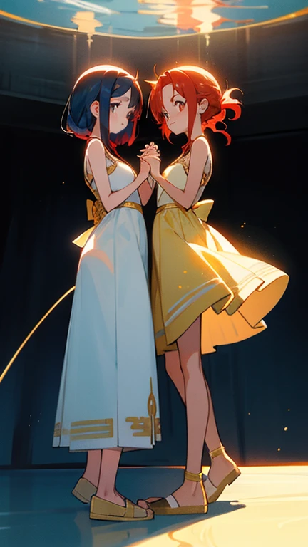  full body holding ceiling hand in hand
Anime style 
Two Greek twins.
One with black hair , tanned skin, deep blue eyes, white Greek dress with gold details .
 the other sister with red hair , light skin,green eyes, light blue dress.