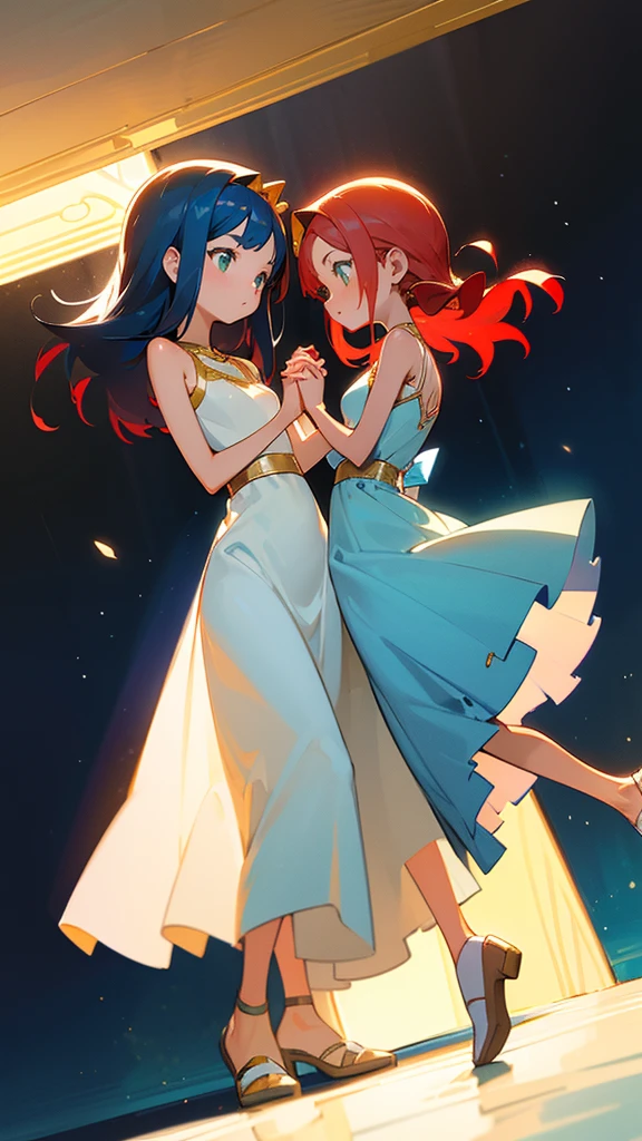  full body holding ceiling hand in hand
Anime style 
Two Greek twins.
One with black hair , tanned skin, deep blue eyes, white Greek dress with gold details .
 the other sister with red hair , light skin,green eyes, light blue dress.