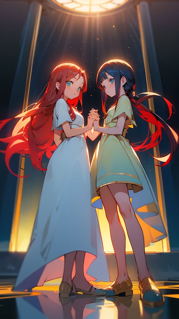  full body holding ceiling hand in hand
Anime style 
Two Greek twins.
One with black hair , tanned skin, deep blue eyes, white Greek dress with gold details .
 the other sister with red hair , light skin,green eyes, light blue dress.