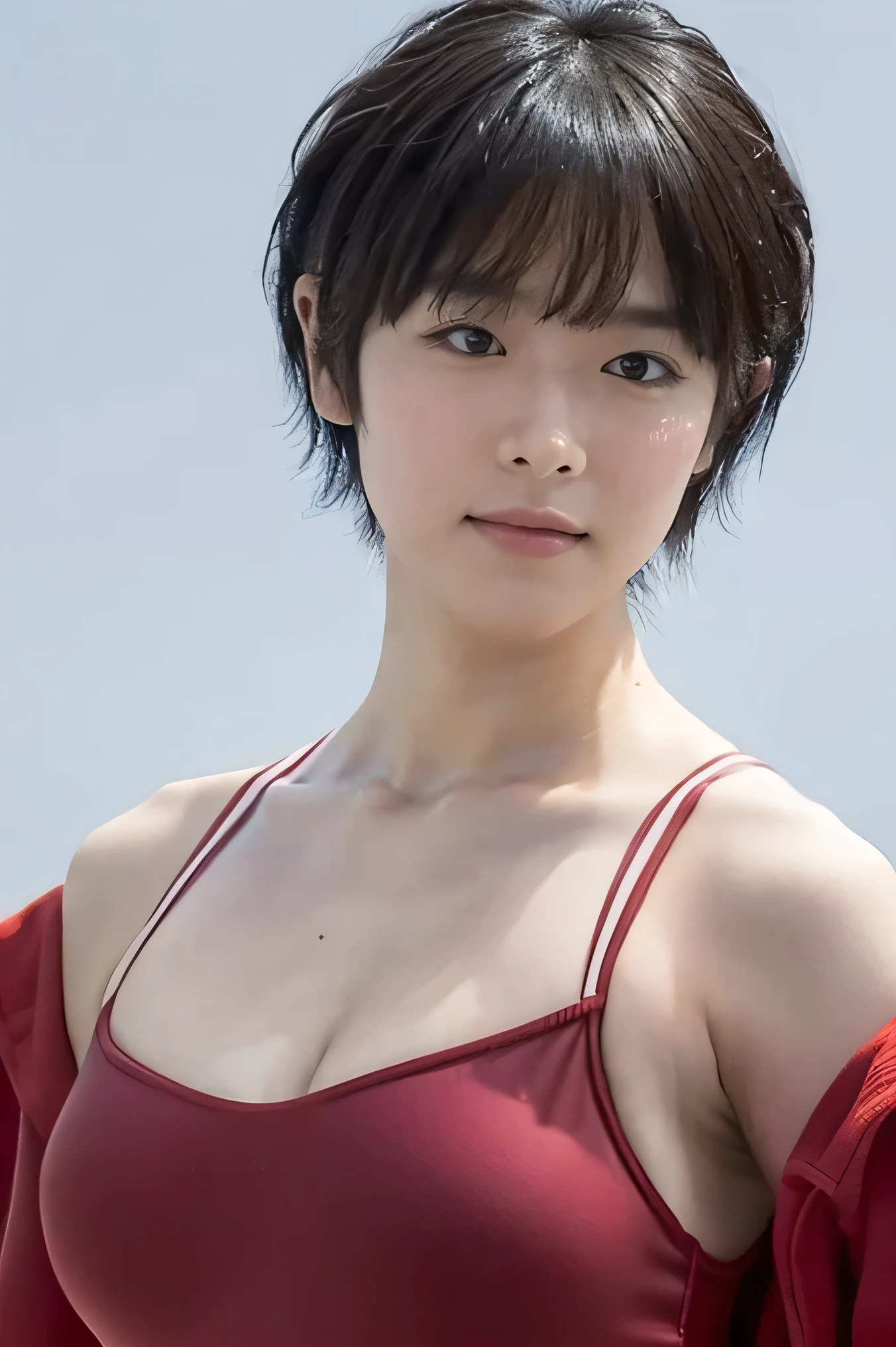 30years old,High image quality、high quality、one Sexy japanese girl, natural muscled body, light abs,((( large breasts))), small waist, wide hips, black hair,  wrestling, fighting pose, short hair,(pixie cut＿boyish),((((( short hair :1.1))))、Pointed chin, double eyelids, long slit eyes, and a well-shaped nose、background is wrestling stage, ((red onepiece swimming suits)),Spotlight on upper body、Spotlight from the front、
