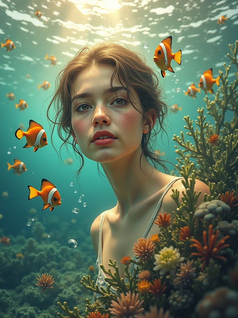 A real beautiful young mermaid girl only full face mermaid looking up in a sun set in a underwater with brown and orange and yellow mix hair