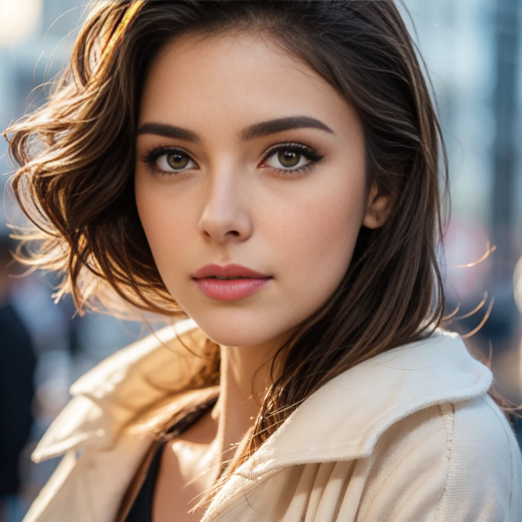 Beautiful face, delicate facial features, curly hair, tanned complexion, super realistic, big brown eyes, beautiful lips, perfect nose, pose for a photo, well lit, polish girl, small tits, well dresedwalking through the city, wind, snow