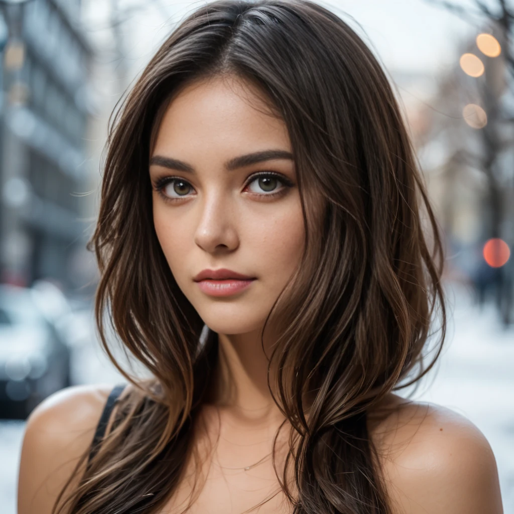 Beautiful face, delicate facial features, curly hair, tanned complexion, super realistic, big brown eyes, beautiful lips, perfect nose, pose for a photo, well lit, polish girl, small tits, well dresedwalking through the city, wind, snow