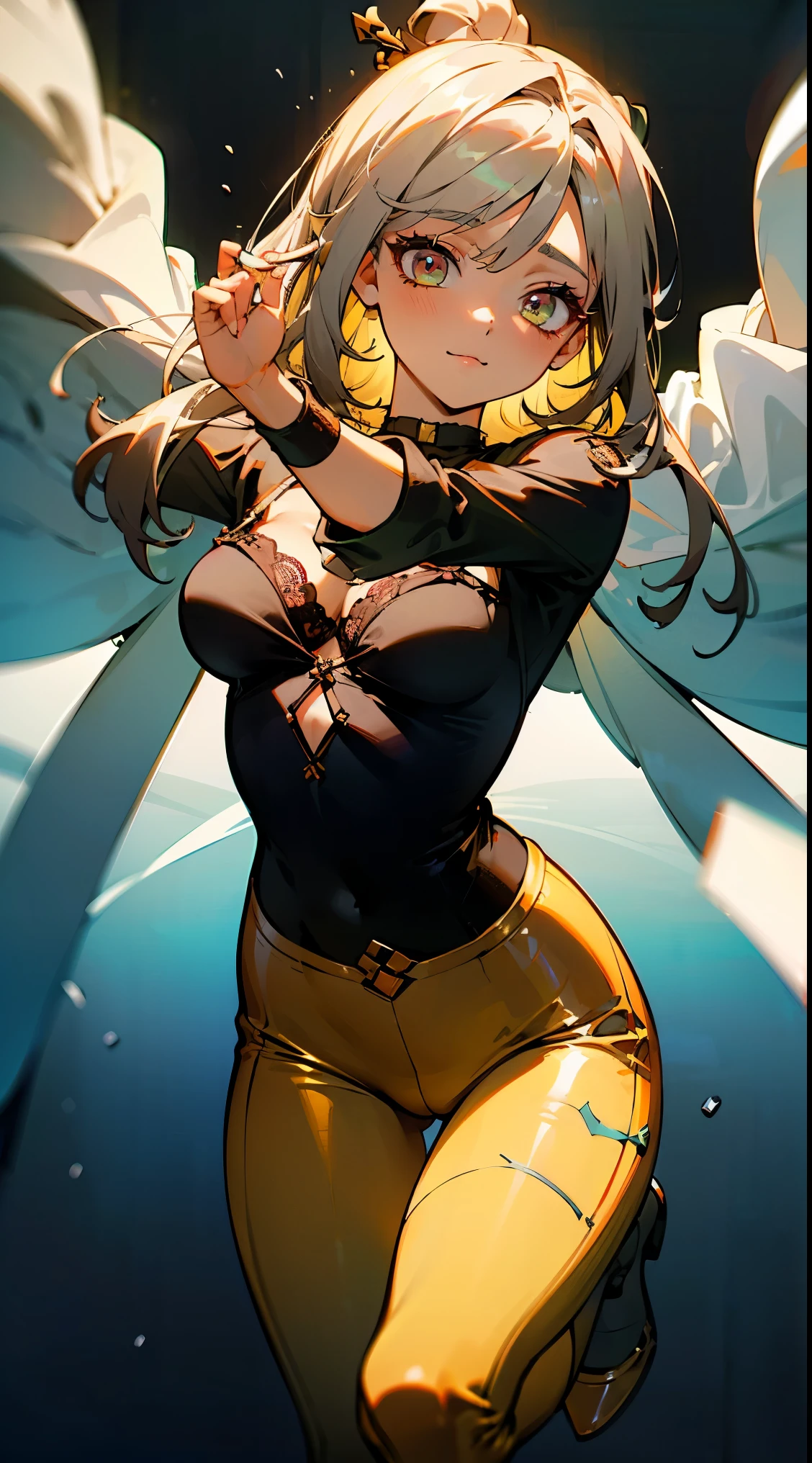 (geometric:1.1), ((1 anime girl, amazing, cute girl)), (Masterpiece, Best quality, Beautiful and aesthetic:1.2),((Ultra-high resolution, Golden ratio)), (Physically-based rendering), Sharp focus, (((high detail skin))), Intricately detailed clothing, Delicate pupils, Danfeng Eye,((((multicolor hair, cold detailed hair, long hair)))), Slender, geometric eyes :1.1, ((extremely_Detailed_eyes_and_face)), long eyelash, (masterpiece side lighting), (Dynamic configuration: 1.2), dynamic pose, Perfect Anatomy, Eyeliner, nsfw, sharp eyes, choker, mini shirt, light smile, hair adornments, fit thighs, thigh gap, stylish, mature, medium breast, wearing long brown leggings with black details, tight white sweater, complex lace boots, side-lighting, gothic aesthetic, transparent, Lace, Fishnet lingerie and stockings.