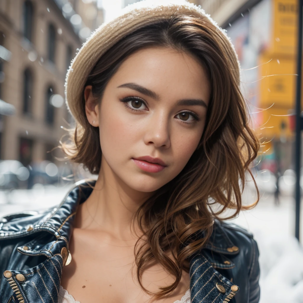 Beautiful face, delicate facial features, curly hair, tanned complexion, super realistic, big brown eyes, beautiful lips, perfect nose, pose for a photo, well lit, polish girl, small tits, well dresedwalking through the city, wind, snow