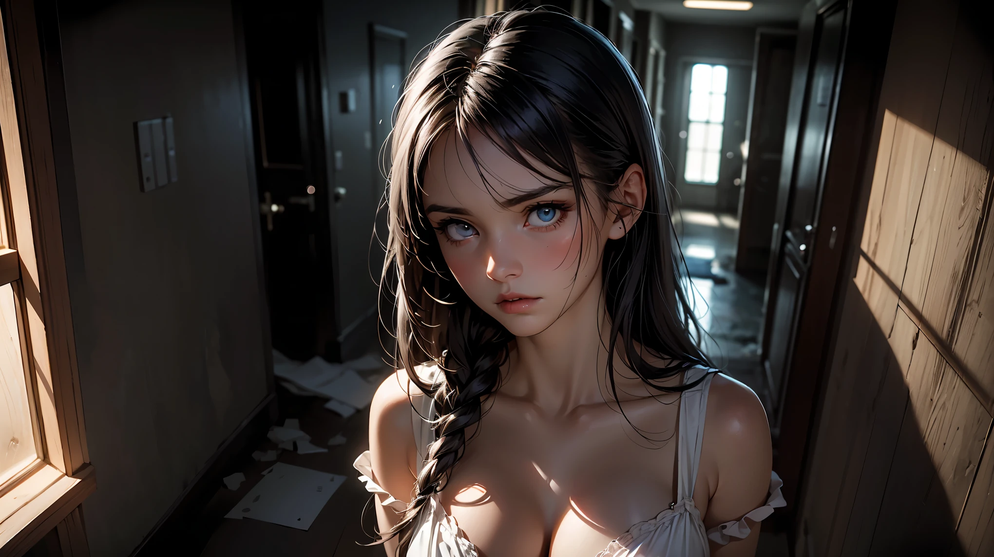 ((Masterpiece)), ((best quality)), (Professional Photography:1.2), (High Definition:1.3), (), (Glossy skin), full body, 8K, cinematic lighting, (Exposed naked nipples:1.3), Beautiful stomach, (shy), Model Posing on Decaying ruins, Very messy medium hair, bare arm, ((naked Slender body)), (flat chest:1.3), Textured skin, (Cat ears), Pale brown hair, Cute teenageung Gautiful ruins covered with many flowers, (the Decaying ancient ruins cityscape), NSFW