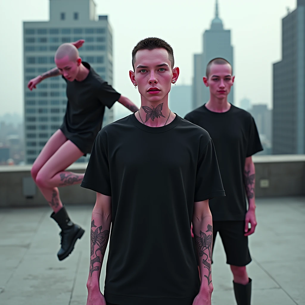 naughty man, age 25, Scrawny, offwhite, baldie, without hair, chic, walking in street, several people passing by him, desfocada
