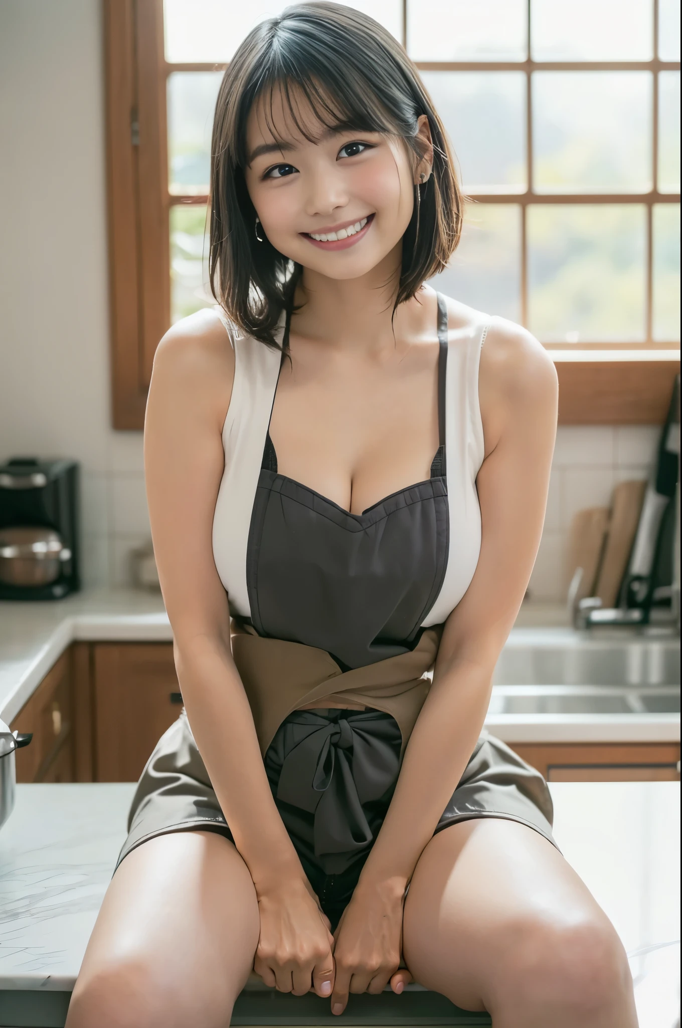 Cute like an idol、Cute and adorable、A 20-year-old girl with a young face、Smiling Kindly、Naked with only an apron、Naked under the apron、Cleavage、Whole body、Whole body、is wiping the kitchen floor with a rag、Accurate、Anatomically correct、Textured skin、Super detailed、 Attention to detail、highest quality、High resolution、Genuine、Indistinguishable from live-action、realism、Real Stick、RAW Photos、Genuine、masterpiece