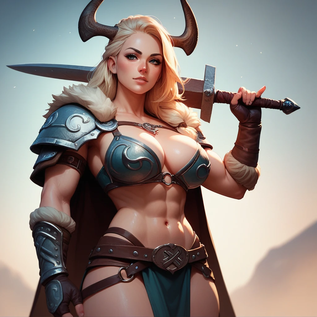 An anime girl dressed as a Viking with bare tits is stolen in the skin of an animal