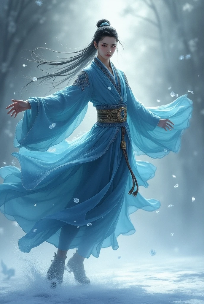 Slavic folklore evil creature with long arms, floating above the ground. In a dark pine forest, winter, blue flowers