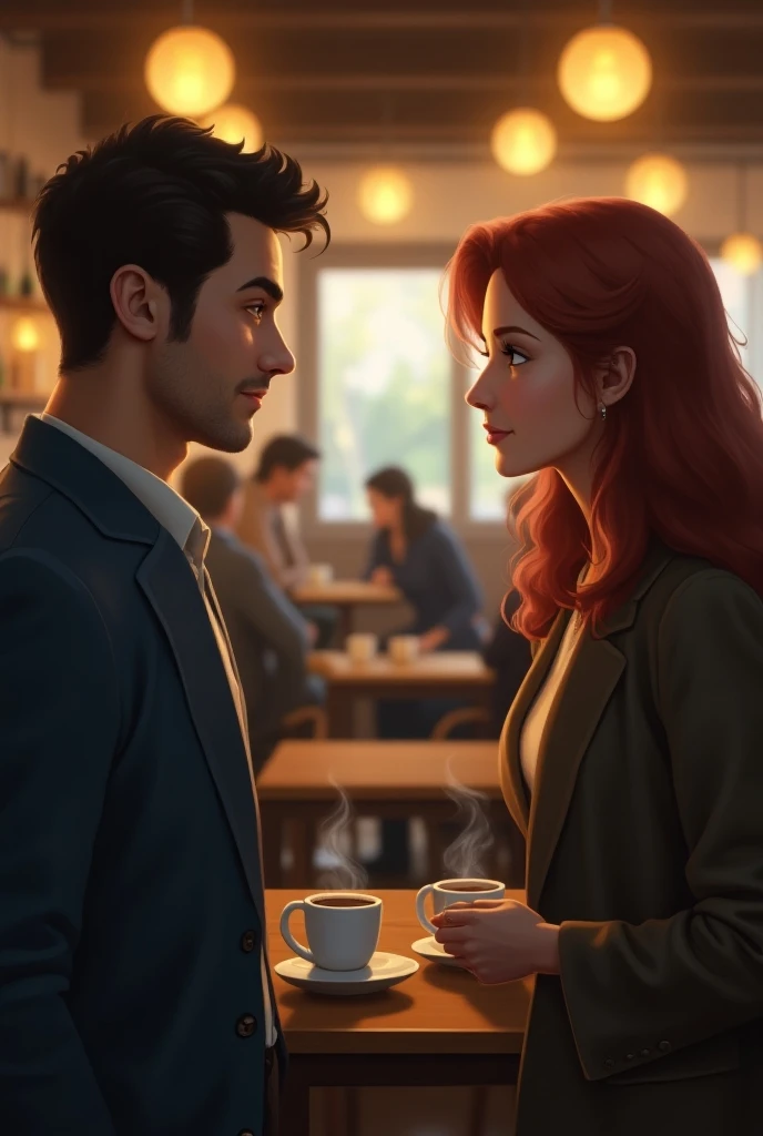 The picture shows a couple: 1 man with copper-red hair (A tall handsome, masculine adult red-haired man with green eyes, tanned skin, long curly copper-red hair), sitting at a table in a restaurant with 1 black-haired woman (an incredibly handsome young fatal black-haired woman, she has blue eyes, short black hair). They're in love.