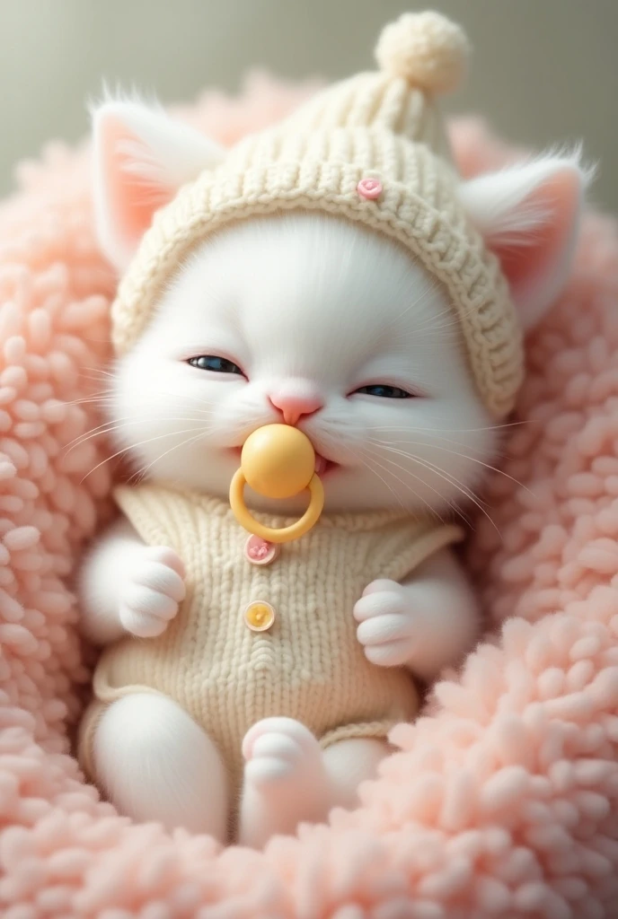Chihuahua puppy sleeping in a cute baby bed wearing a hooded baby outfit with cat ears