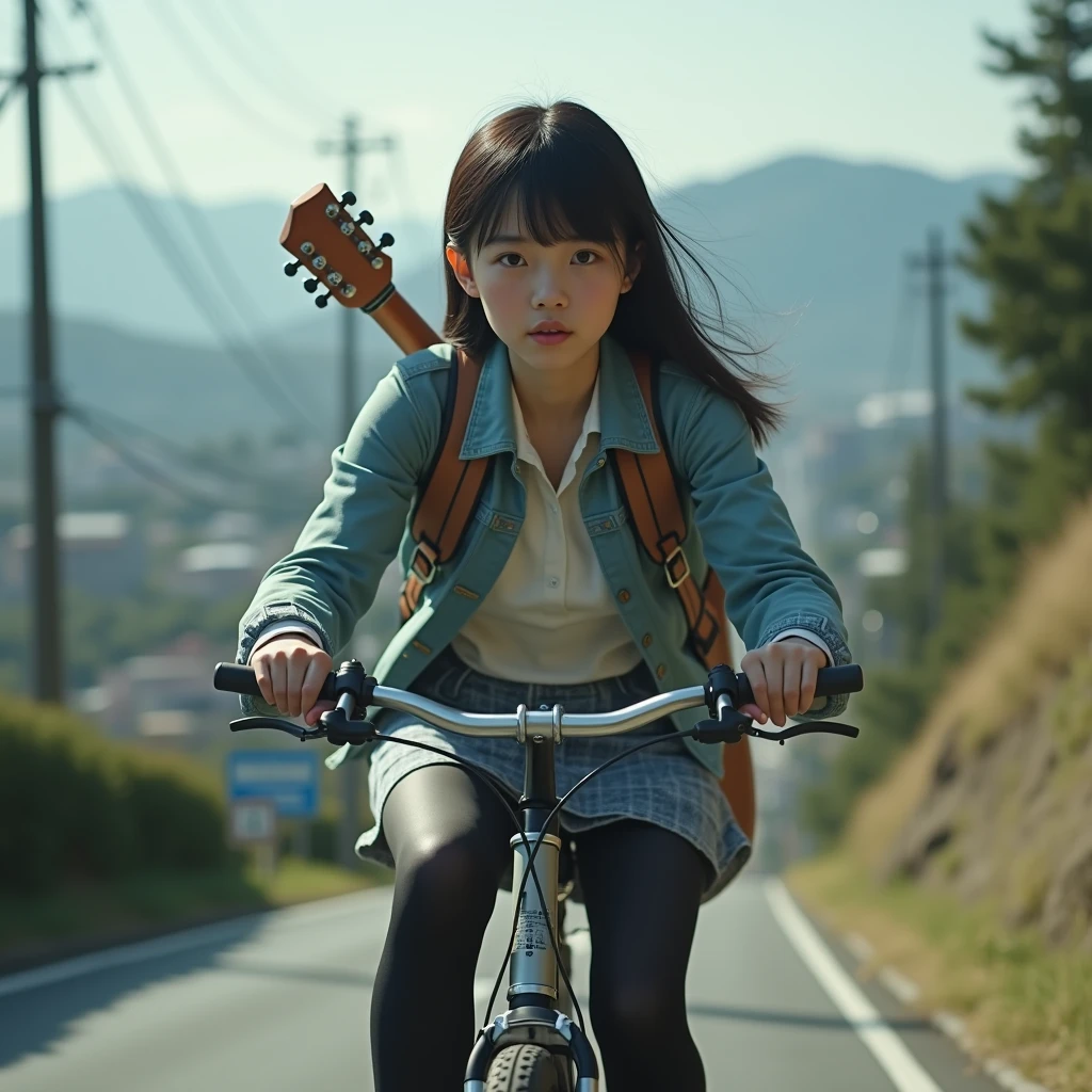 (highest quality,masterpiece)Japanese woman riding a bicycle、Rustic face、、very young face、troubled face、Childish、exposedしている、transparent skin、Marshmallow Body、black hair twintails、full body image、Take a picture of the whole body、camisole、short sleeve、exposed、Nipples are clearly visible、タイトなcamisole、mini skirt