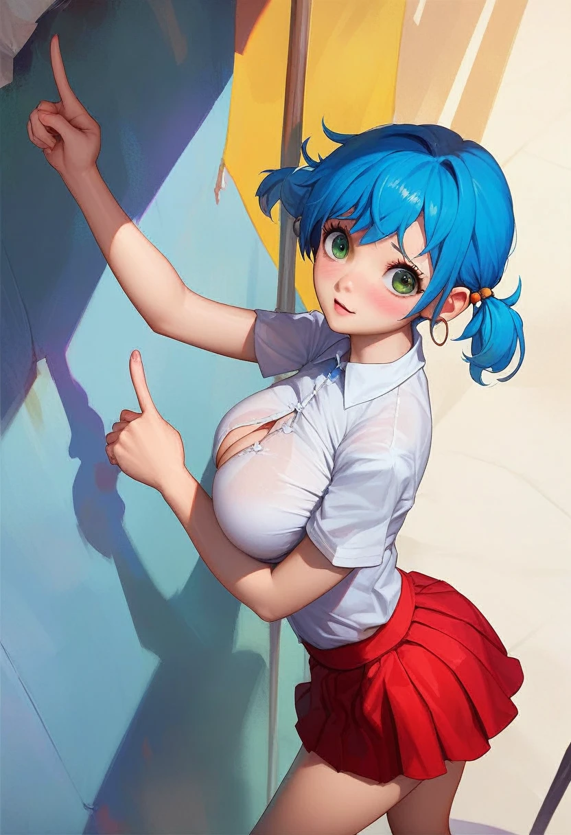 score_9, score_8_up, score_7_up, source_anime, best quality, clear face,shool skinny Nami-girl, bright blue hair, green eyes, medium hair, large breasts, perfect body, standing, looking at viewer,embrassed cute scared ,watered eyes, china d, dynamic angle, indoor, w,blushing,embrassed,cute boob,bend over, p,mini red skirt,plain white shirt,pointing with hand at side,kyah,cute,Short Twintails,extremely short skirt,