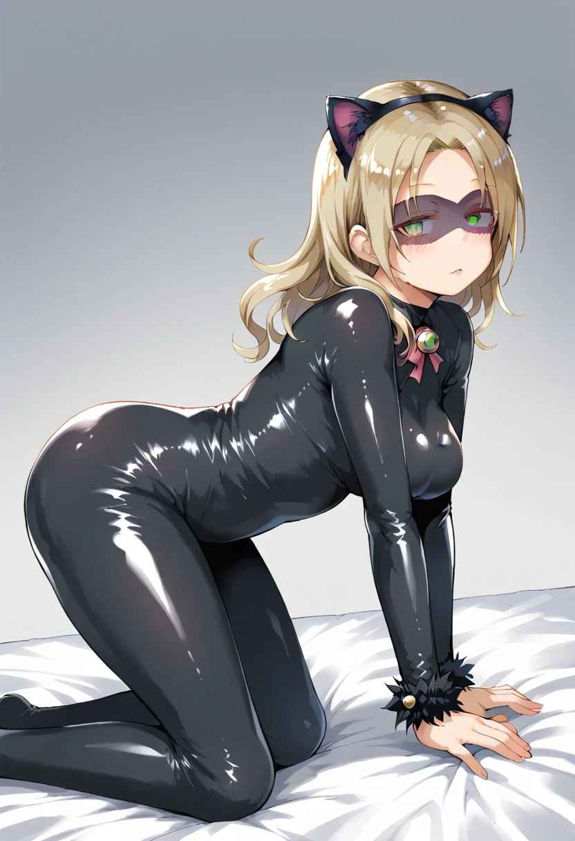 1girl, Arisa ichigaya, x hair ornament, blonde twintails, (full bodysuit), sexy body, erotic pose, sitting on bed, pov, thighs, crotch, spread legs, blushinh:1.3, leaning back