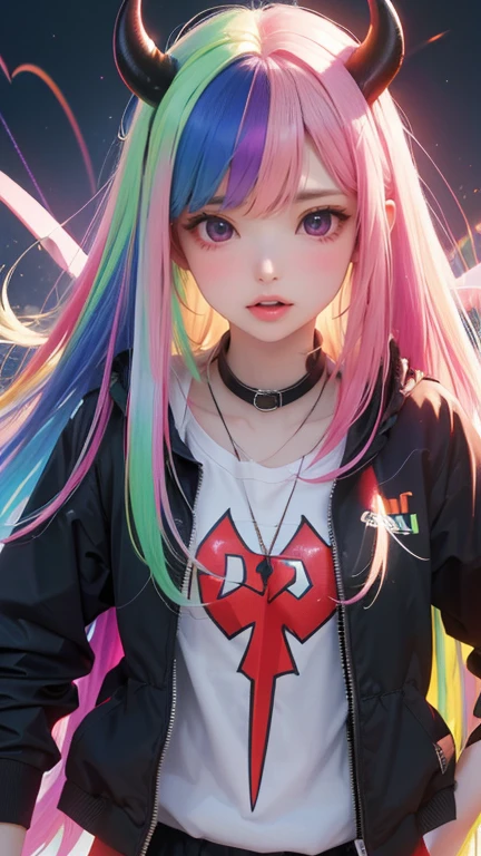 masterpiece,  Best Quality , ((8k, masterpiece, Original photo,  Best Quality , hyper-realistic, ( 1 girl , alone,  Electronic Girl , rainbow hair, Straight Hair, , Devil&#39;s Horns, Dog collars, Eyeliner, Mascara, Eyeshadow, smokey eye, Nose ring, Grin, teeth,  Electronic Girl _