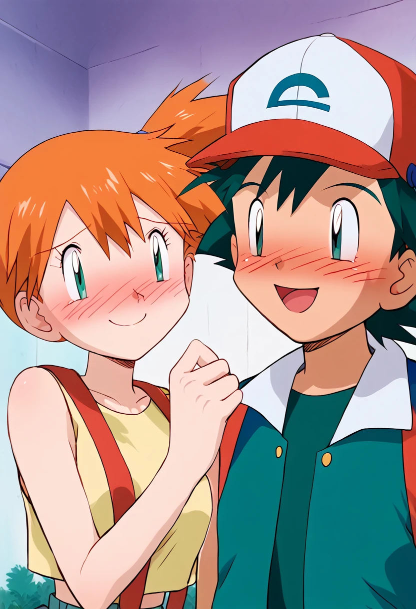 Misty, the Pokémon trainer,  embarrassed with cute blush as Ash Ketchum approaches her closely, wearing his original hat, romantic setting the tender moment , Ash ketchum is smiling while teasing her. 