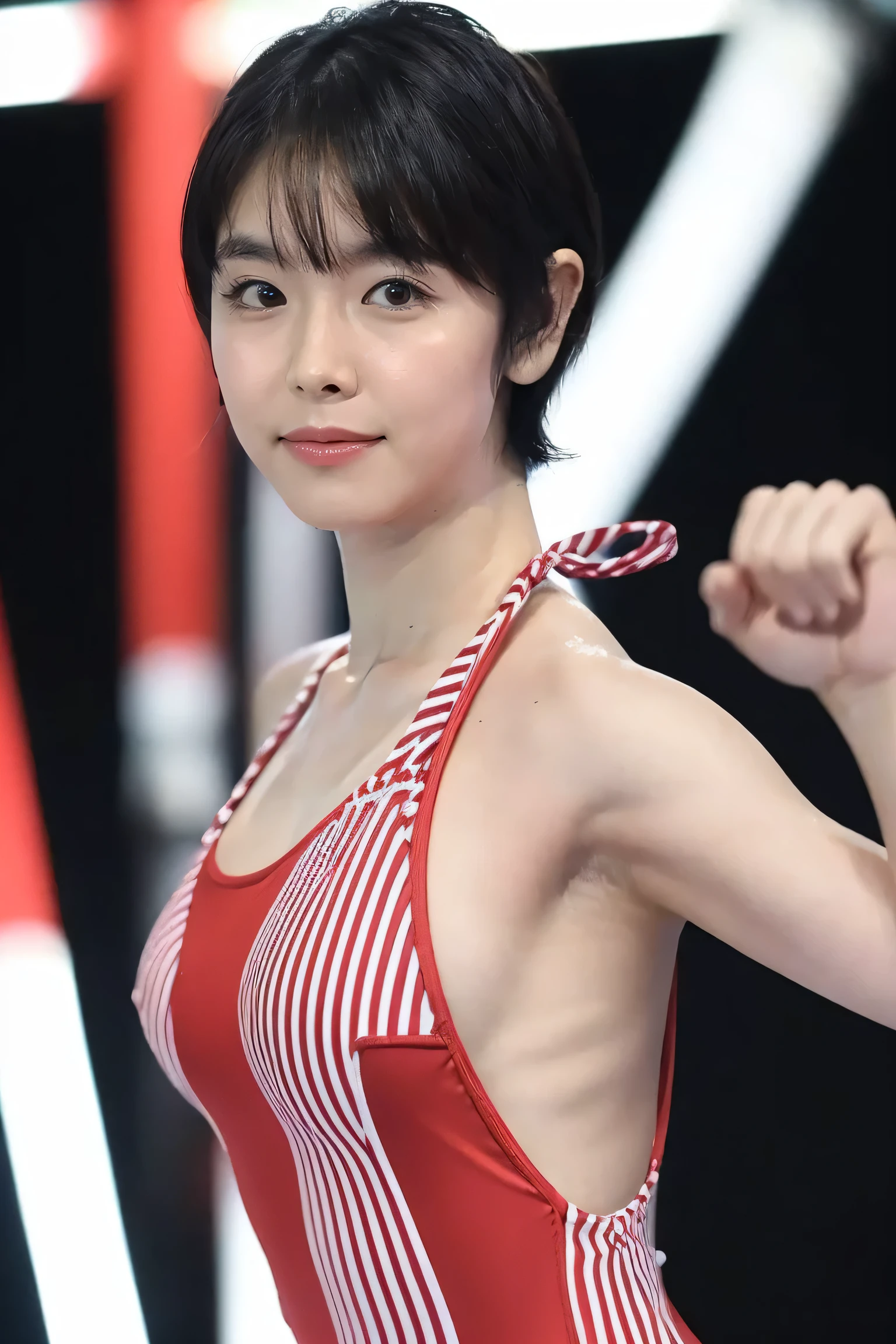 30years old,High image quality、high quality、one Sexy japanese girl, natural muscled body, light abs,((( large breasts))), small waist, wide hips, black hair,  wrestling, fighting pose, short hair,(pixie cut＿boyish),((((( short hair :1.1))))、Pointed chin, double eyelids, long slit eyes, and a well-shaped nose、background is wrestling stage, ((red onepiece swimming suits　white horizontal stripes)),Spotlight on upper body、Spotlight from the front、
